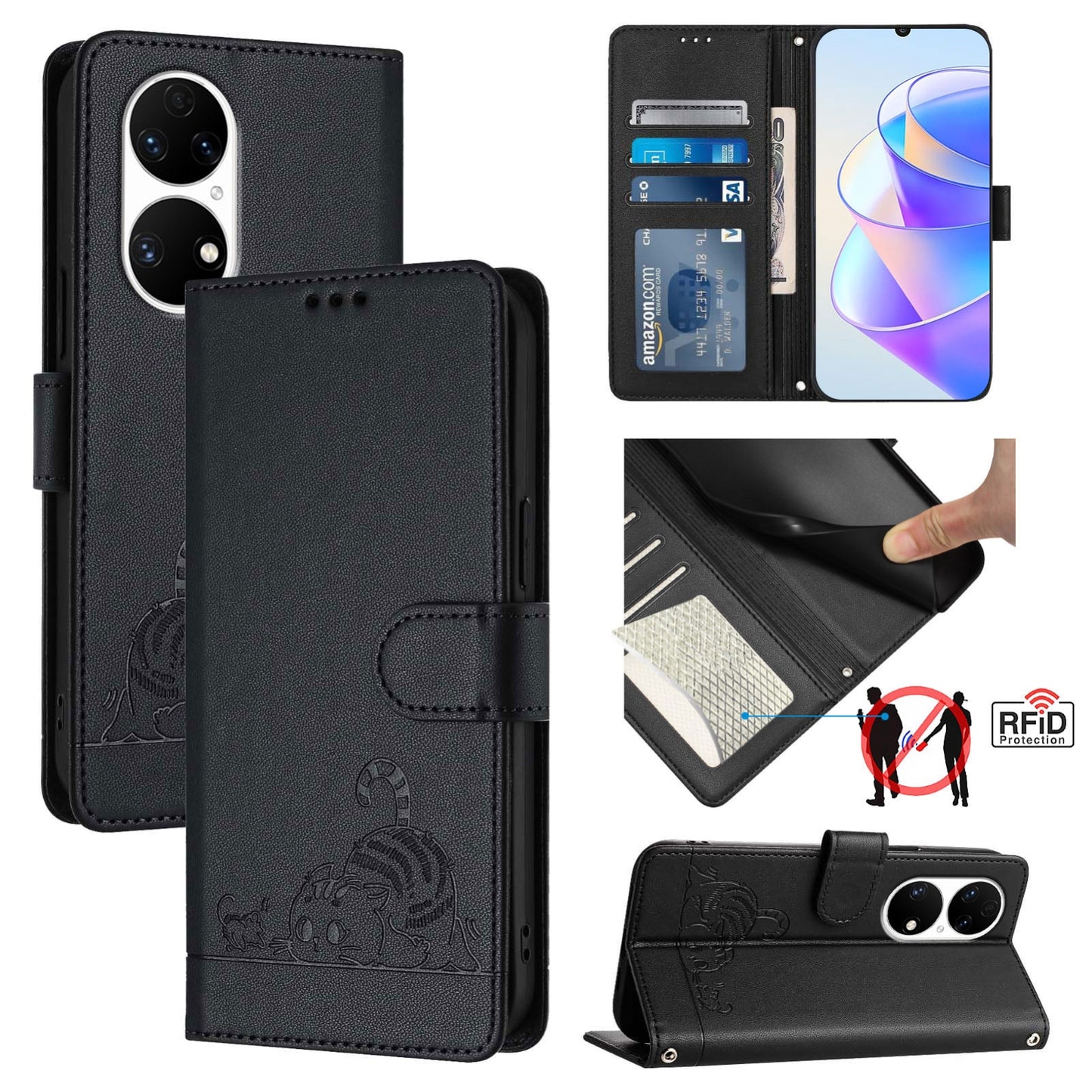 Huawei P50 Cat & Rat Embossed RFID Leather Case, Lanyard, Wallet, Card Slots, Kickstand, Anti-Fall, Scratch-Resistant