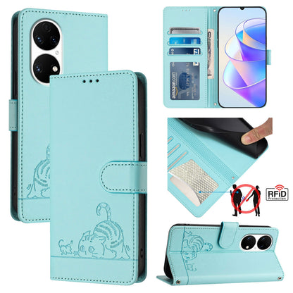 Huawei P50 Pro Cat & Rat Embossed RFID Leather Case, Lanyard, Wallet, Card Slots, Kickstand, Anti-Fall, Scratch-Resistant