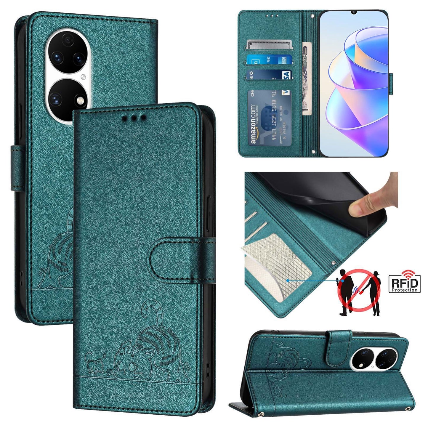 Huawei P50 Pro Cat & Rat Embossed RFID Leather Case, Lanyard, Wallet, Card Slots, Kickstand, Anti-Fall, Scratch-Resistant