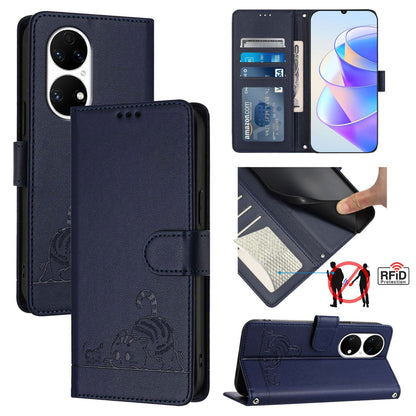 Huawei P50 Pro Cat & Rat Embossed RFID Leather Case, Lanyard, Wallet, Card Slots, Kickstand, Anti-Fall, Scratch-Resistant