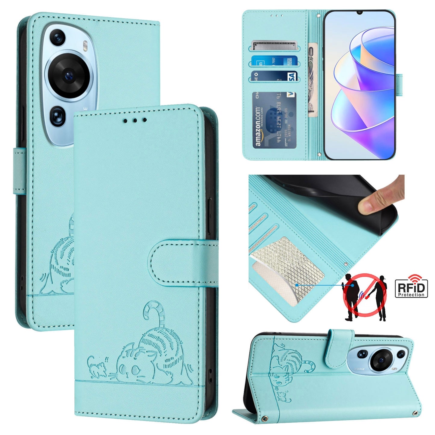 Huawei P60 Art Cat & Rat Embossed RFID Leather Case, Lanyard, Wallet, Card Slots, Kickstand, Anti-Fall, Scratch-Resistant