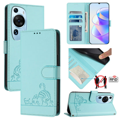 Huawei P60 Art Cat & Rat Embossed RFID Leather Case, Lanyard, Wallet, Card Slots, Kickstand, Anti-Fall, Scratch-Resistant