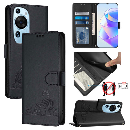 Huawei P60 Art Cat & Rat Embossed RFID Leather Case, Lanyard, Wallet, Card Slots, Kickstand, Anti-Fall, Scratch-Resistant
