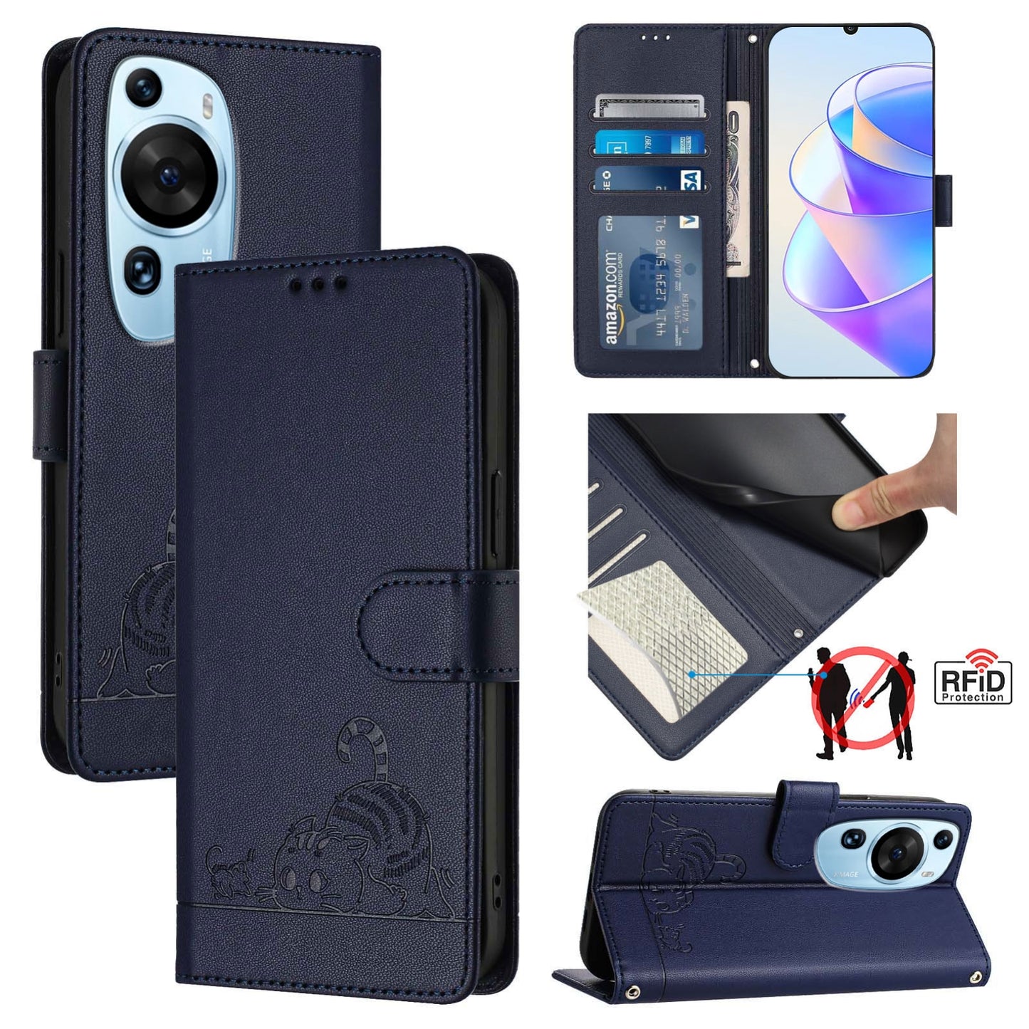 Huawei P60 Art Cat & Rat Embossed RFID Leather Case, Lanyard, Wallet, Card Slots, Kickstand, Anti-Fall, Scratch-Resistant