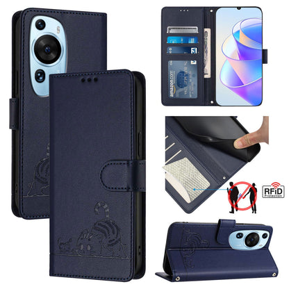 Huawei P60 Art Cat & Rat Embossed RFID Leather Case, Lanyard, Wallet, Card Slots, Kickstand, Anti-Fall, Scratch-Resistant