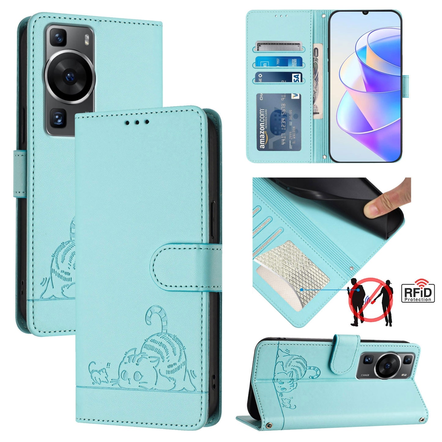 Huawei P60 Cat & Rat Embossed RFID Leather Case, Lanyard, Wallet, Card Slots, Kickstand, Anti-Fall, Scratch-Resistant