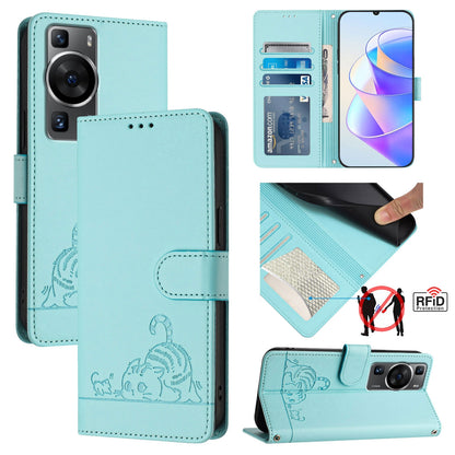 Huawei P60 Cat & Rat Embossed RFID Leather Case, Lanyard, Wallet, Card Slots, Kickstand, Anti-Fall, Scratch-Resistant