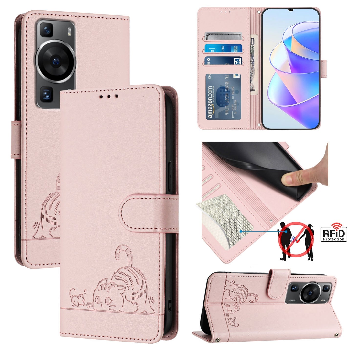 Huawei P60 Cat & Rat Embossed RFID Leather Case, Lanyard, Wallet, Card Slots, Kickstand, Anti-Fall, Scratch-Resistant