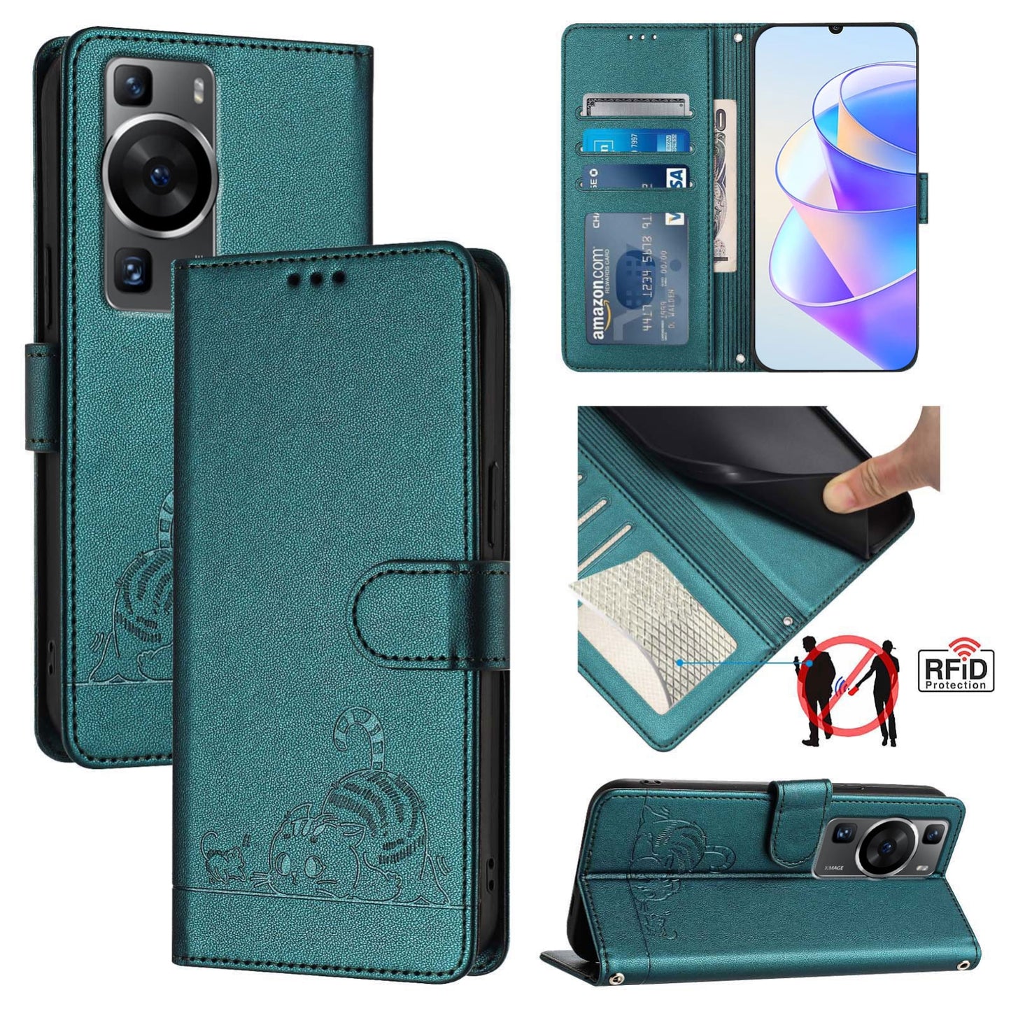 Huawei P60 Cat & Rat Embossed RFID Leather Case, Lanyard, Wallet, Card Slots, Kickstand, Anti-Fall, Scratch-Resistant