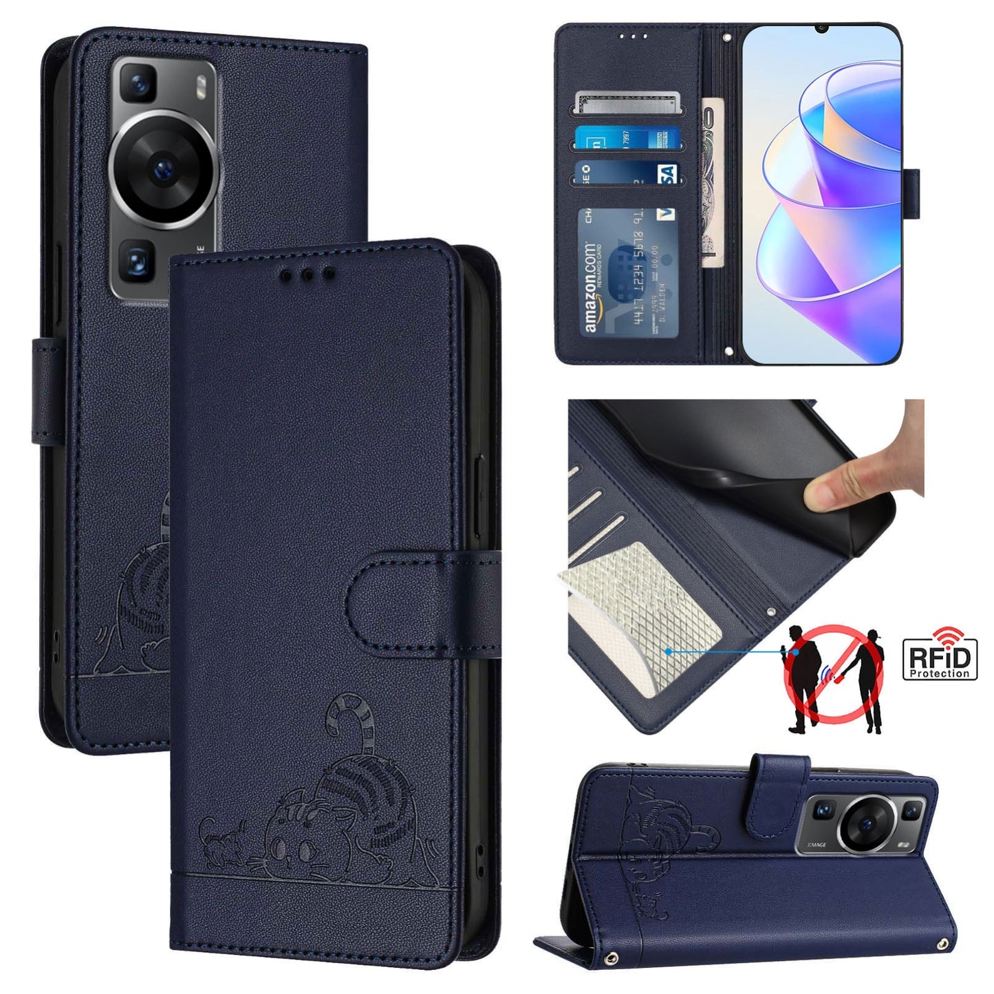 Huawei P60 Cat & Rat Embossed RFID Leather Case, Lanyard, Wallet, Card Slots, Kickstand, Anti-Fall, Scratch-Resistant