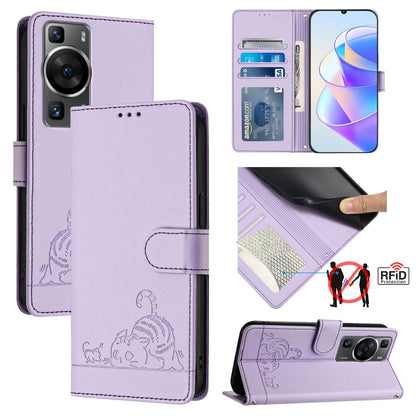 Huawei P60 Cat & Rat Embossed RFID Leather Case, Lanyard, Wallet, Card Slots, Kickstand, Anti-Fall, Scratch-Resistant