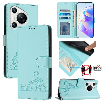 Huawei Pura 70 Cat & Rat Embossed RFID Leather Case, Lanyard, Wallet, Card Slots, Kickstand, Anti-Fall, Scratch-Resistant