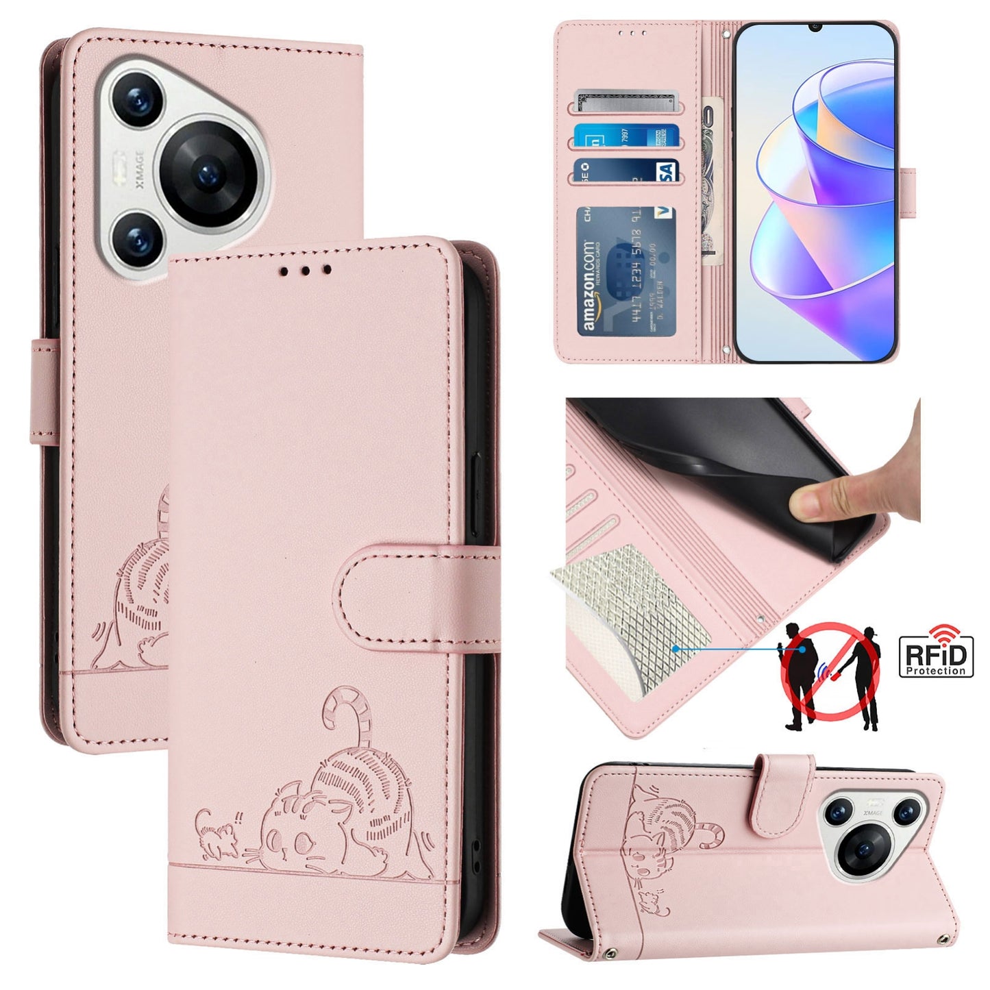 Huawei Pura 70 Cat & Rat Embossed RFID Leather Case, Lanyard, Wallet, Card Slots, Kickstand, Anti-Fall, Scratch-Resistant