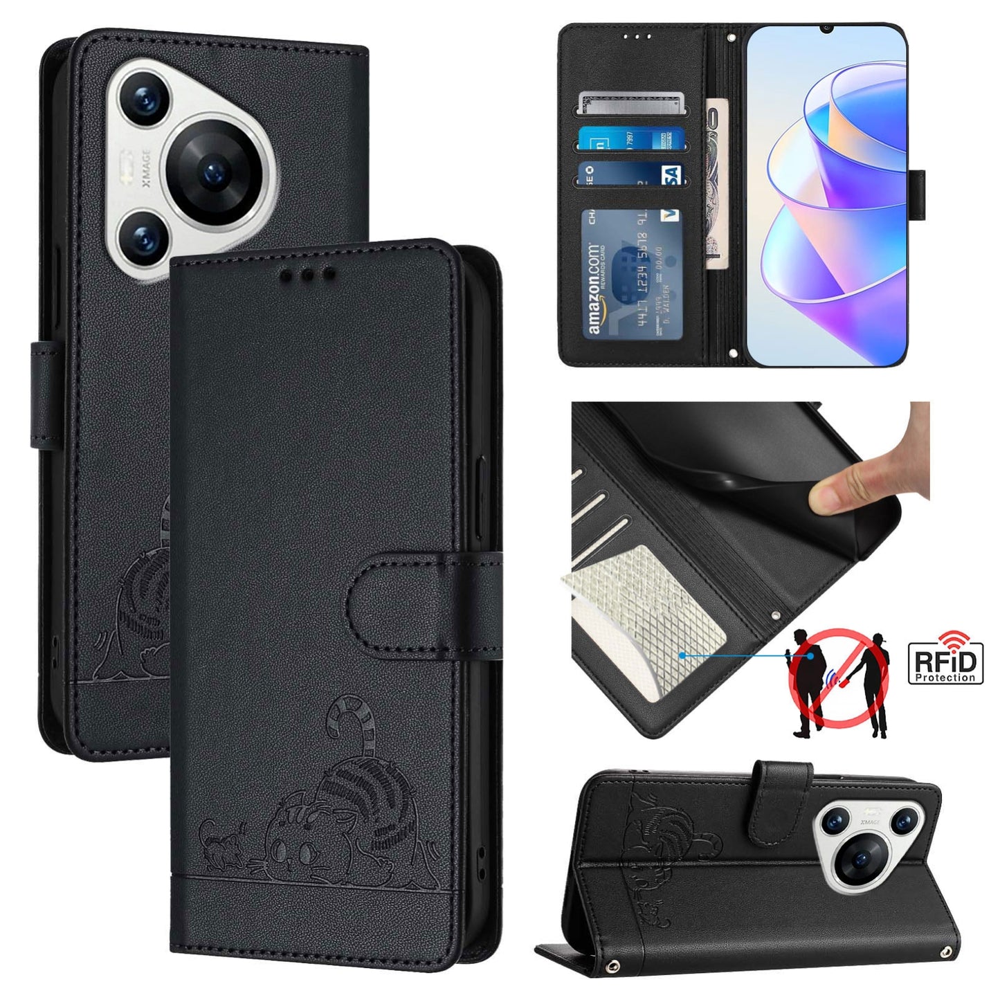 Huawei Pura 70 Cat & Rat Embossed RFID Leather Case, Lanyard, Wallet, Card Slots, Kickstand, Anti-Fall, Scratch-Resistant