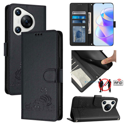 Huawei Pura 70 Cat & Rat Embossed RFID Leather Case, Lanyard, Wallet, Card Slots, Kickstand, Anti-Fall, Scratch-Resistant