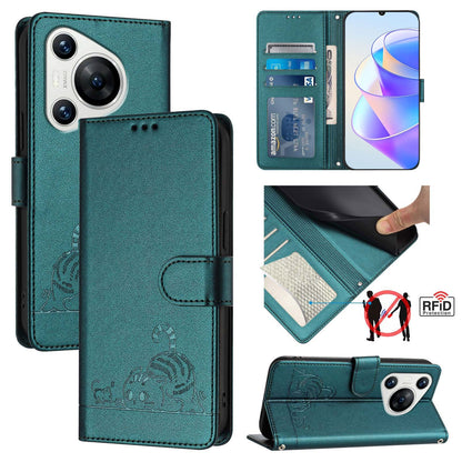 Huawei Pura 70 Cat & Rat Embossed RFID Leather Case, Lanyard, Wallet, Card Slots, Kickstand, Anti-Fall, Scratch-Resistant