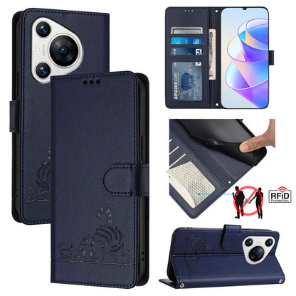 Huawei Pura 70 Cat & Rat Embossed RFID Leather Case, Lanyard, Wallet, Card Slots, Kickstand, Anti-Fall, Scratch-Resistant