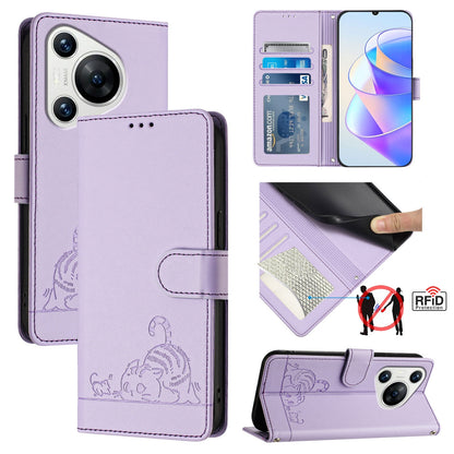 Huawei Pura 70 Cat & Rat Embossed RFID Leather Case, Lanyard, Wallet, Card Slots, Kickstand, Anti-Fall, Scratch-Resistant