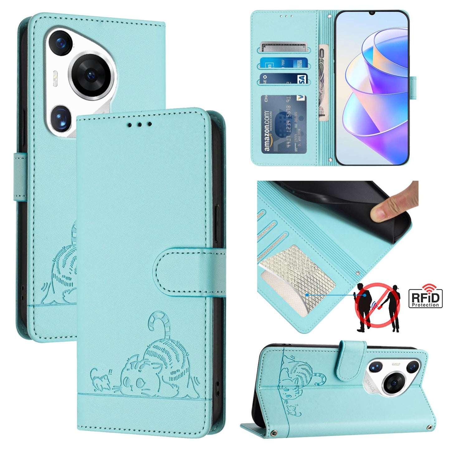 Huawei Pura 70 Pro Cat & Rat Embossed RFID Leather Case, Lanyard, Wallet, Card Slots, Kickstand, Anti-Fall, Scratch-Resistant