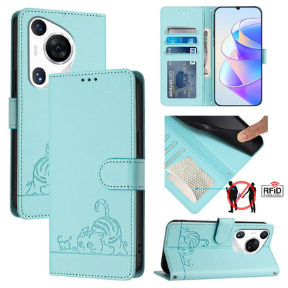 Huawei Pura 70 Pro Cat & Rat Embossed RFID Leather Case, Lanyard, Wallet, Card Slots, Kickstand, Anti-Fall, Scratch-Resistant