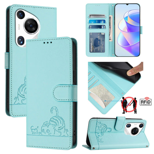 Huawei Pura 70 Pro Cat & Rat Embossed RFID Leather Case, Lanyard, Wallet, Card Slots, Kickstand, Anti-Fall, Scratch-Resistant