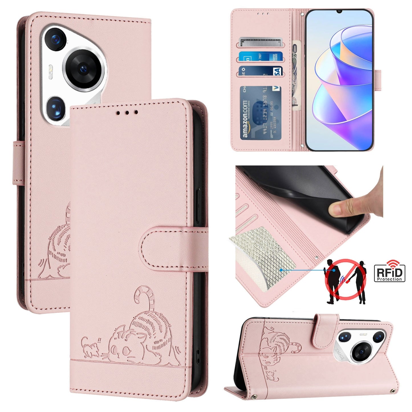 Huawei Pura 70 Pro Cat & Rat Embossed RFID Leather Case, Lanyard, Wallet, Card Slots, Kickstand, Anti-Fall, Scratch-Resistant