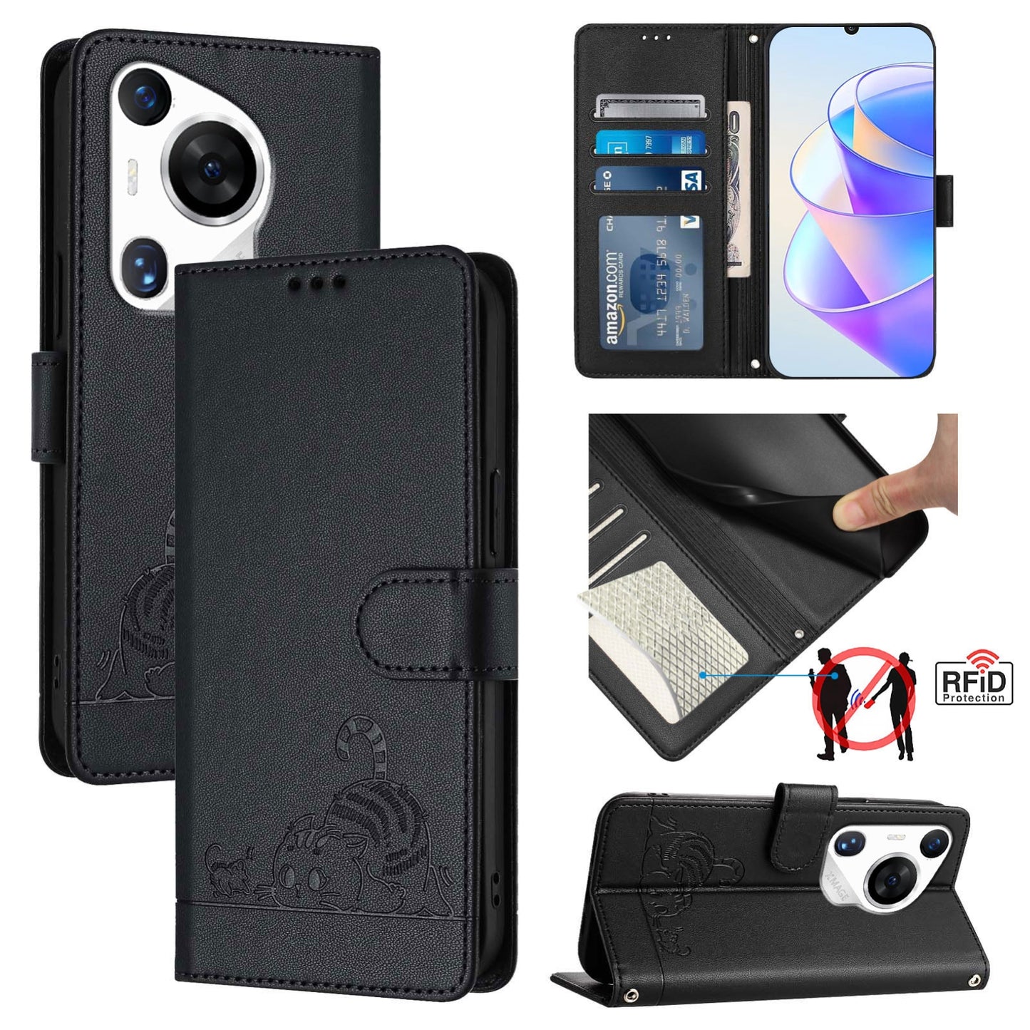 Huawei Pura 70 Pro Cat & Rat Embossed RFID Leather Case, Lanyard, Wallet, Card Slots, Kickstand, Anti-Fall, Scratch-Resistant