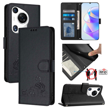 Huawei Pura 70 Pro Cat & Rat Embossed RFID Leather Case, Lanyard, Wallet, Card Slots, Kickstand, Anti-Fall, Scratch-Resistant