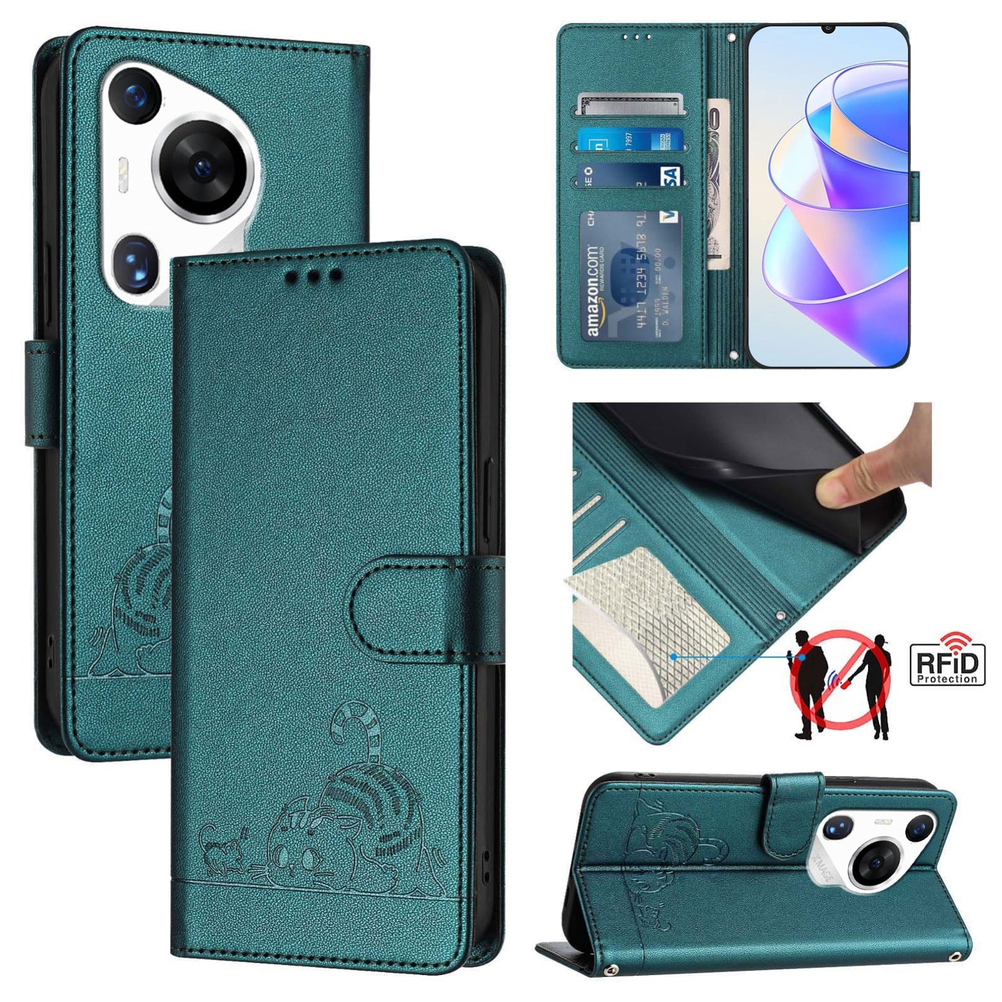 Huawei Pura 70 Pro Cat & Rat Embossed RFID Leather Case, Lanyard, Wallet, Card Slots, Kickstand, Anti-Fall, Scratch-Resistant