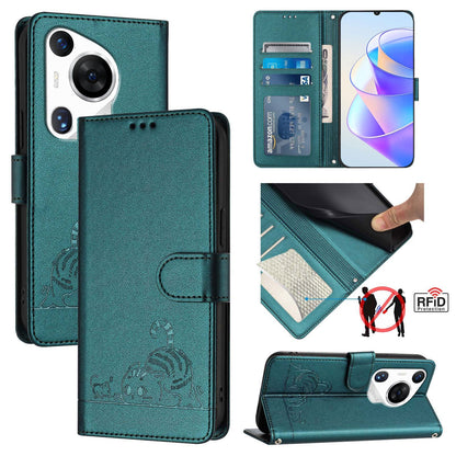 Huawei Pura 70 Pro Cat & Rat Embossed RFID Leather Case, Lanyard, Wallet, Card Slots, Kickstand, Anti-Fall, Scratch-Resistant