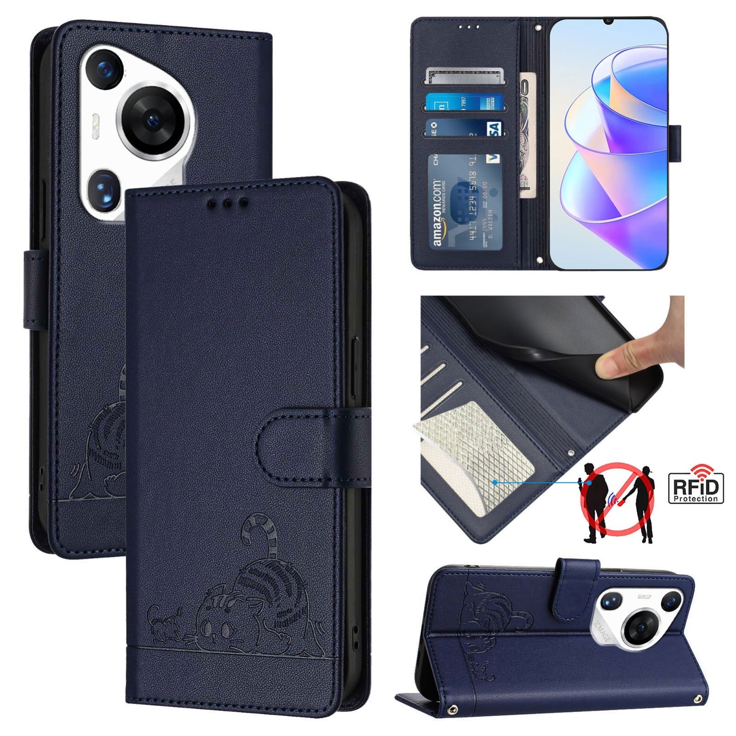 Huawei Pura 70 Pro Cat & Rat Embossed RFID Leather Case, Lanyard, Wallet, Card Slots, Kickstand, Anti-Fall, Scratch-Resistant