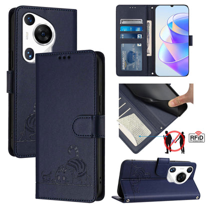 Huawei Pura 70 Pro Cat & Rat Embossed RFID Leather Case, Lanyard, Wallet, Card Slots, Kickstand, Anti-Fall, Scratch-Resistant