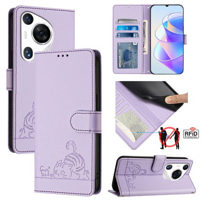 Huawei Pura 70 Pro Cat & Rat Embossed RFID Leather Case, Lanyard, Wallet, Card Slots, Kickstand, Anti-Fall, Scratch-Resistant