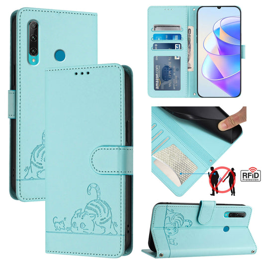 Huawei Enjoy 9s 4G Cat & Rat Embossed RFID Leather Case, Lanyard, Wallet, Card Slots, Kickstand, Anti-Fall, Scratch-Resistant