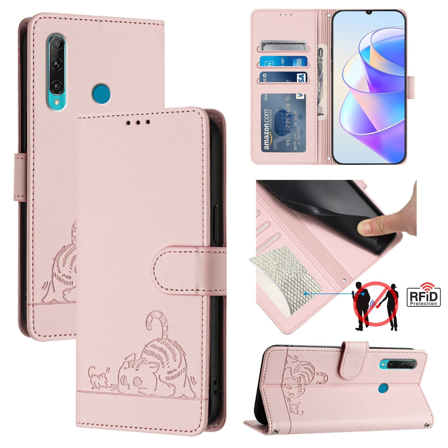 Huawei Enjoy 9s 4G Cat & Rat Embossed RFID Leather Case, Lanyard, Wallet, Card Slots, Kickstand, Anti-Fall, Scratch-Resistant