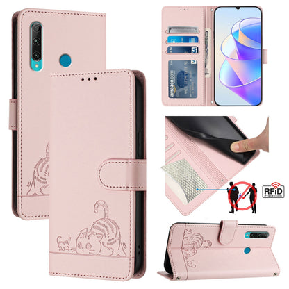 Huawei Enjoy 9s 4G Cat & Rat Embossed RFID Leather Case, Lanyard, Wallet, Card Slots, Kickstand, Anti-Fall, Scratch-Resistant