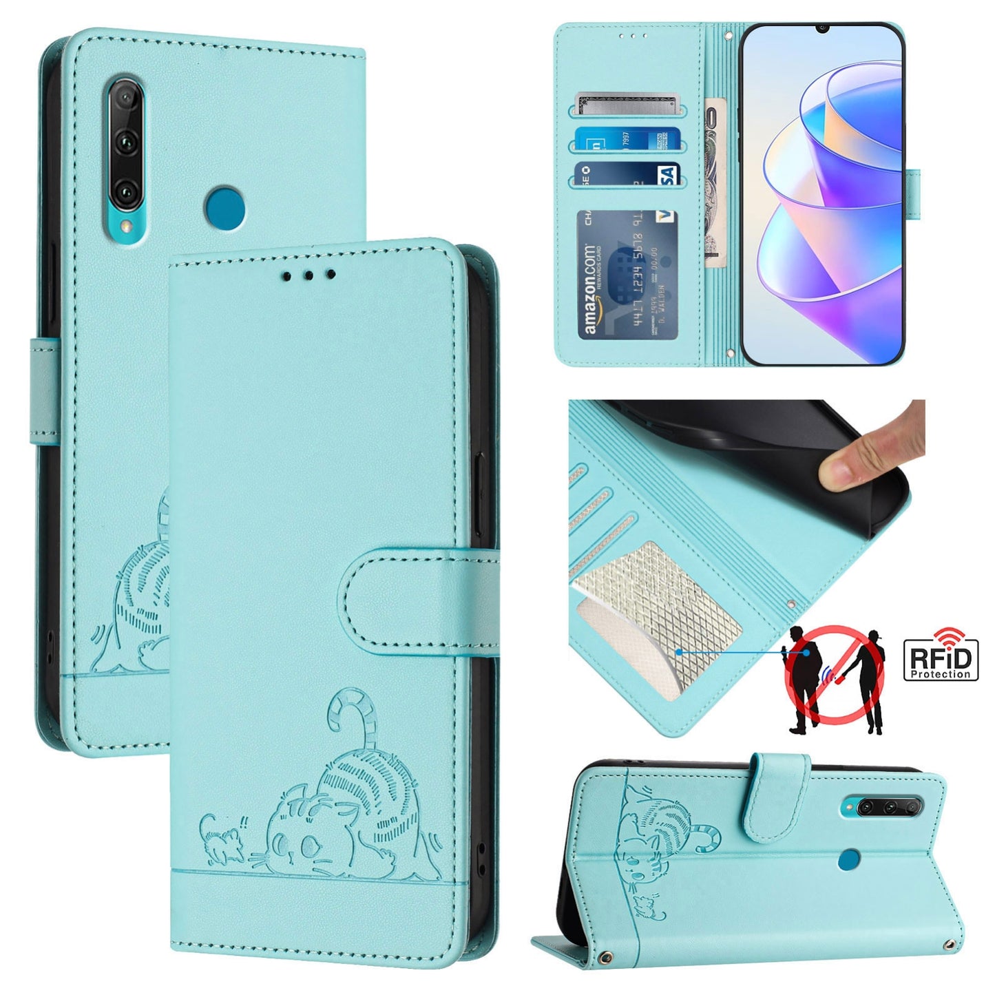 Huawei P Smart+ 2019 Cat & Rat Embossed RFID Leather Case, Lanyard, Wallet, Card Slots, Kickstand, Anti-Fall, Scratch-Resistant