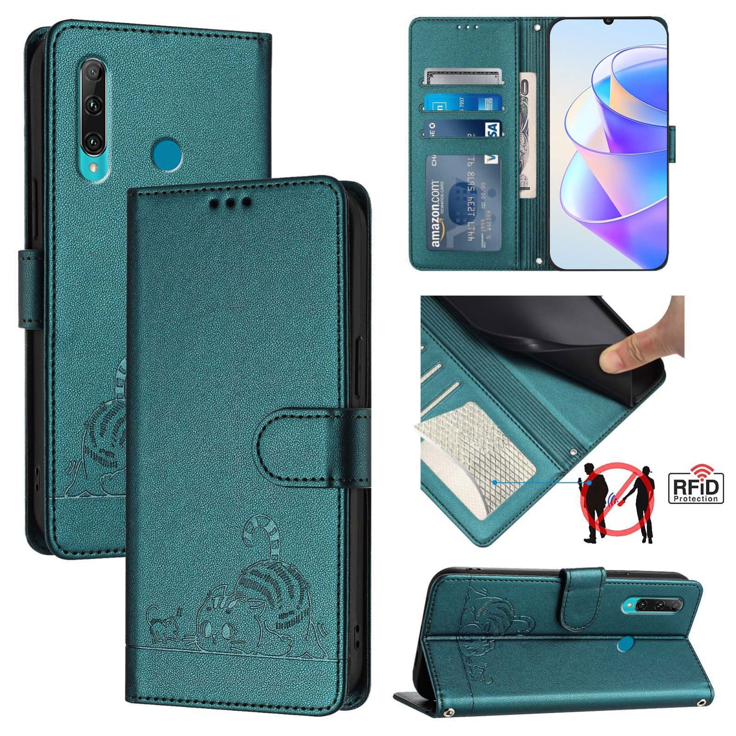 Huawei P Smart+ 2019 Cat & Rat Embossed RFID Leather Case, Lanyard, Wallet, Card Slots, Kickstand, Anti-Fall, Scratch-Resistant