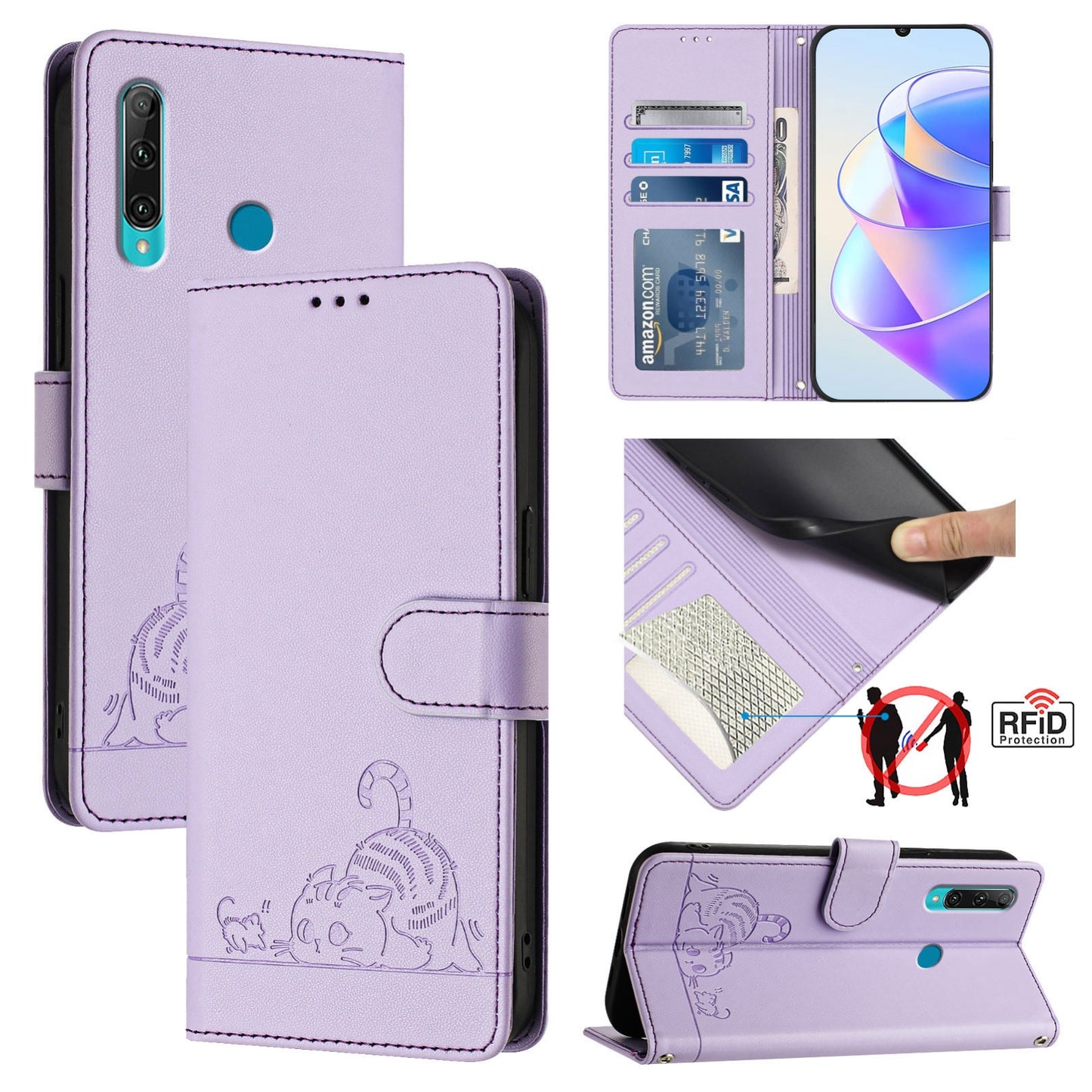 Huawei P Smart+ 2019 Cat & Rat Embossed RFID Leather Case, Lanyard, Wallet, Card Slots, Kickstand, Anti-Fall, Scratch-Resistant