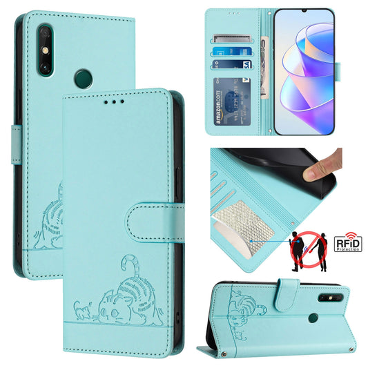 Huawei P smart 2021 4G Cat & Rat Embossed RFID Leather Case, Lanyard, Wallet, Card Slots, Kickstand, Anti-Fall, Scratch-Resistant