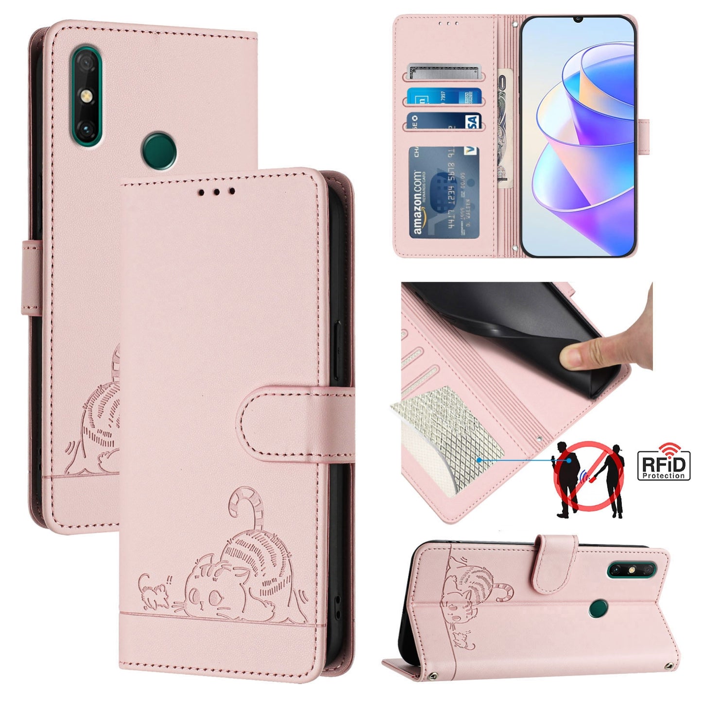 Huawei P smart 2021 4G Cat & Rat Embossed RFID Leather Case, Lanyard, Wallet, Card Slots, Kickstand, Anti-Fall, Scratch-Resistant