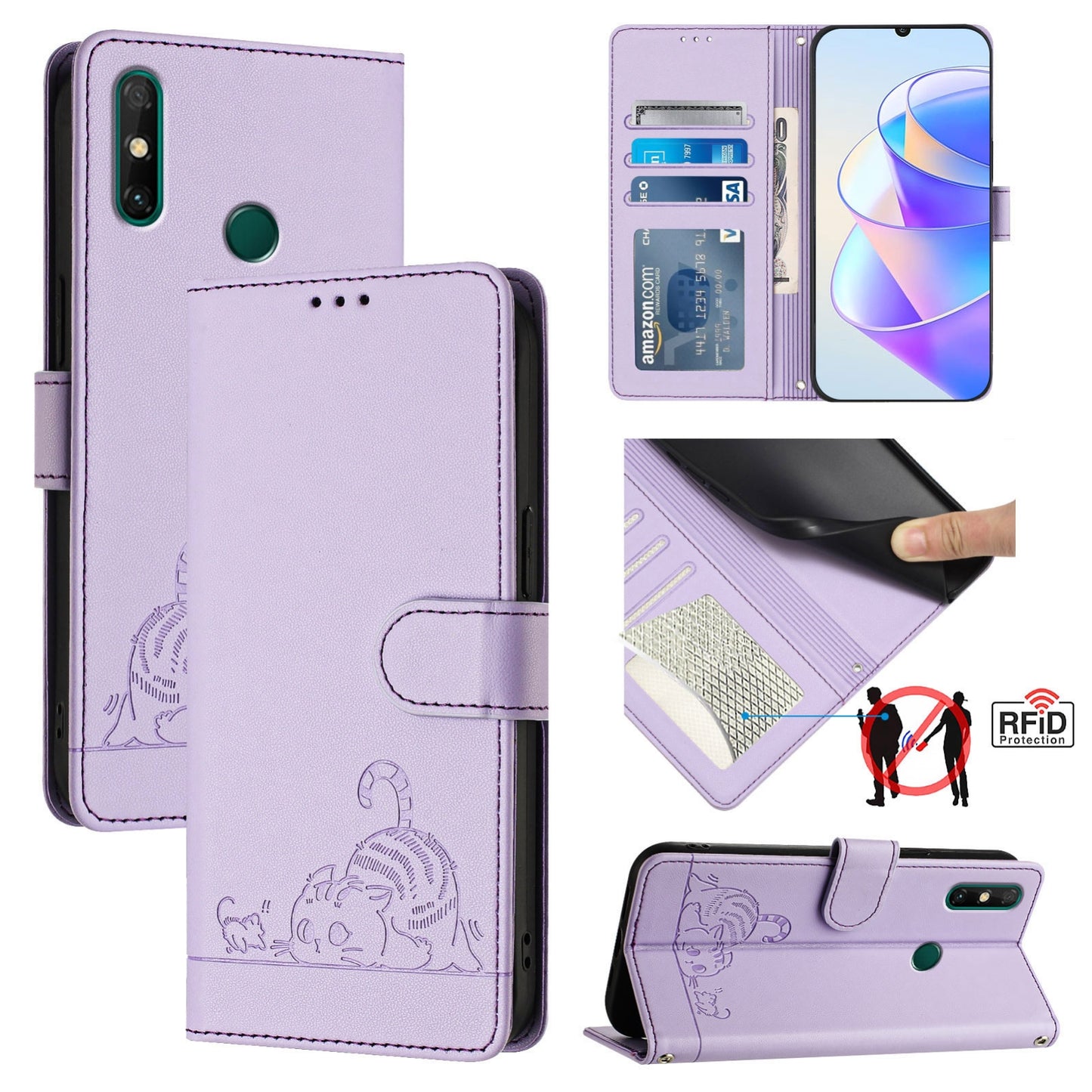 Huawei P smart 2021 4G Cat & Rat Embossed RFID Leather Case, Lanyard, Wallet, Card Slots, Kickstand, Anti-Fall, Scratch-Resistant