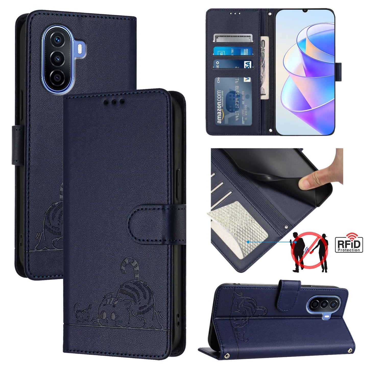 Huawei Enjoy 50 4G Cat & Rat Embossed RFID Leather Case, Lanyard, Wallet, Card Slots, Kickstand, Anti-Fall, Scratch-Resistant