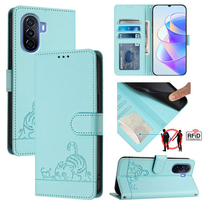 Huawei nova Y70 Plus Cat & Rat Embossed RFID Leather Case, Lanyard, Wallet, Card Slots, Kickstand, Anti-Fall, Scratch-Resistant