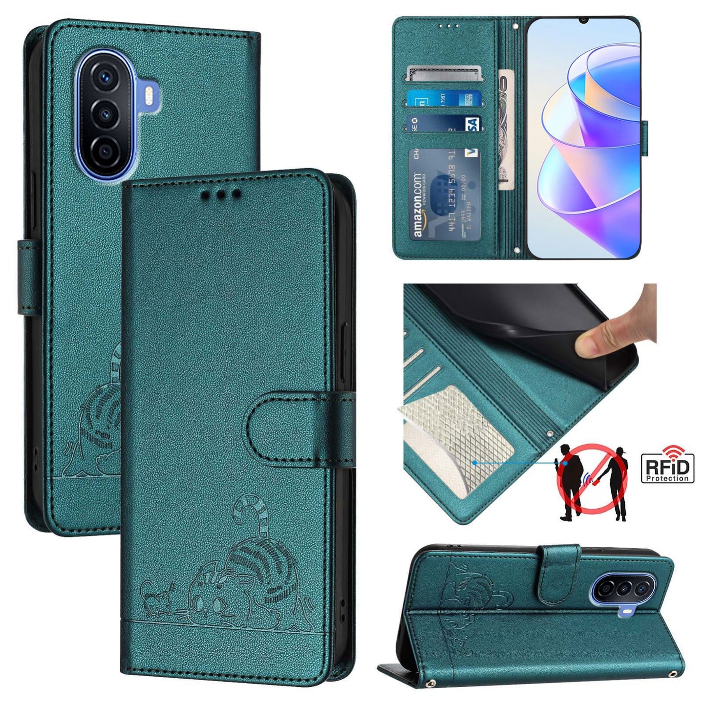 Huawei nova Y70 Plus Cat & Rat Embossed RFID Leather Case, Lanyard, Wallet, Card Slots, Kickstand, Anti-Fall, Scratch-Resistant