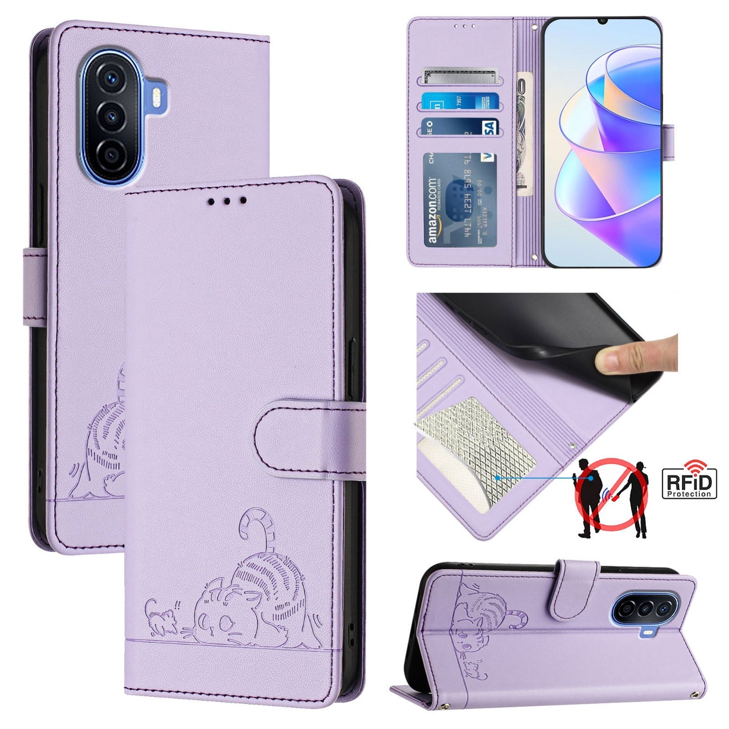 Huawei nova Y70 Plus Cat & Rat Embossed RFID Leather Case, Lanyard, Wallet, Card Slots, Kickstand, Anti-Fall, Scratch-Resistant