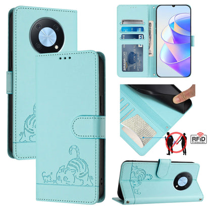 Huawei Enjoy 50 Pro 4G Cat & Rat Embossed RFID Leather Case, Lanyard, Wallet, Card Slots, Kickstand, Anti-Fall, Scratch-Resistant