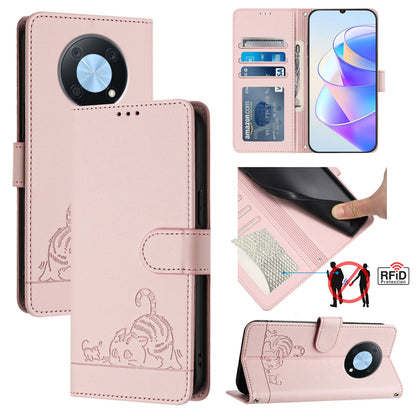 Huawei Enjoy 50 Pro 4G Cat & Rat Embossed RFID Leather Case, Lanyard, Wallet, Card Slots, Kickstand, Anti-Fall, Scratch-Resistant