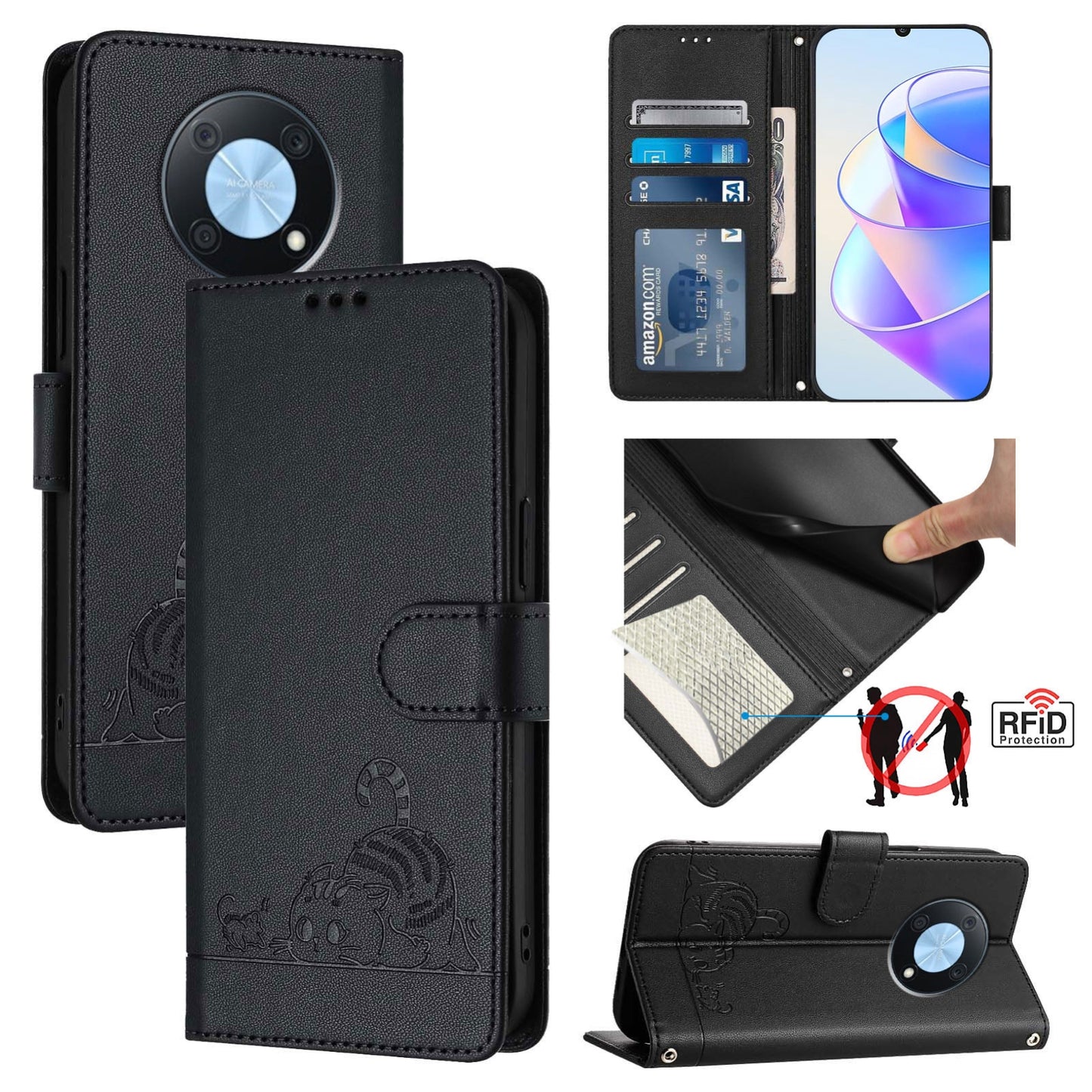 Huawei Enjoy 50 Pro 4G Cat & Rat Embossed RFID Leather Case, Lanyard, Wallet, Card Slots, Kickstand, Anti-Fall, Scratch-Resistant