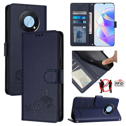 Huawei Enjoy 50 Pro 4G Cat & Rat Embossed RFID Leather Case, Lanyard, Wallet, Card Slots, Kickstand, Anti-Fall, Scratch-Resistant